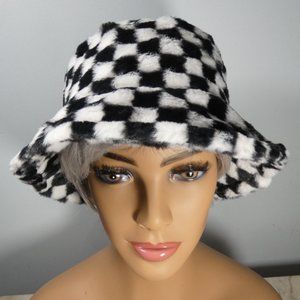 Fabulous, Fun, Stylish SOFT FAUX FUR Black and White Checkered Bucket Hat